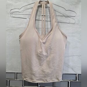 Women’s Halter Tank Top in Light Beige — Slim V-Neck Build In Bra